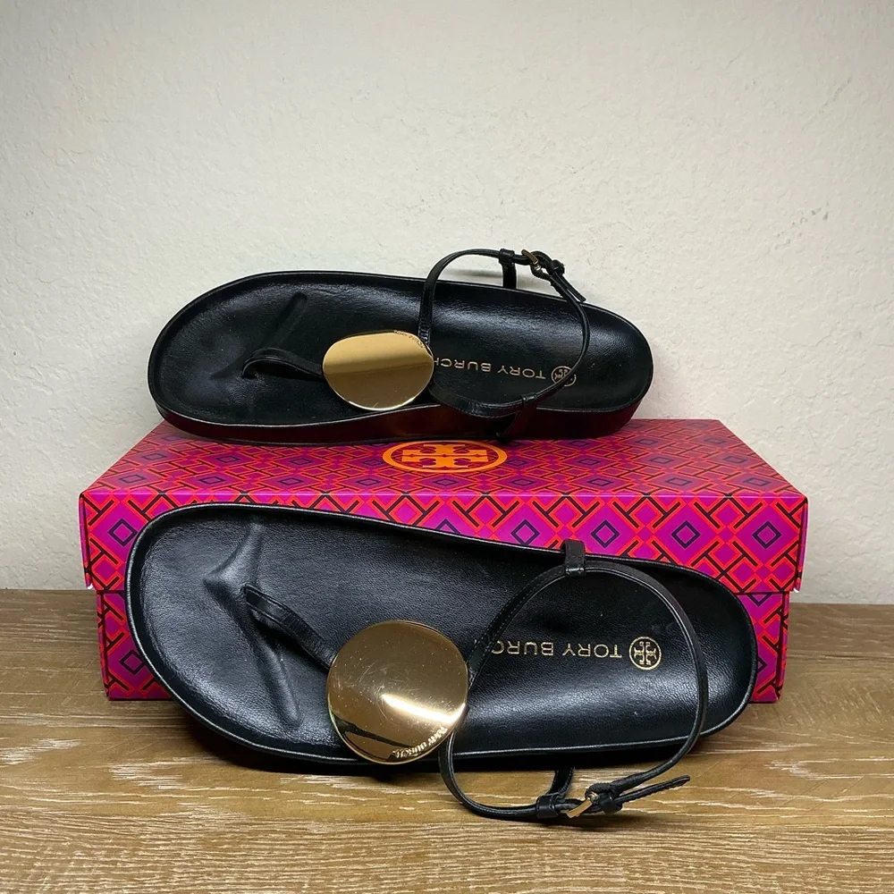 Tory Burch Black Leather Patos Thong Sandal Womens Size 7